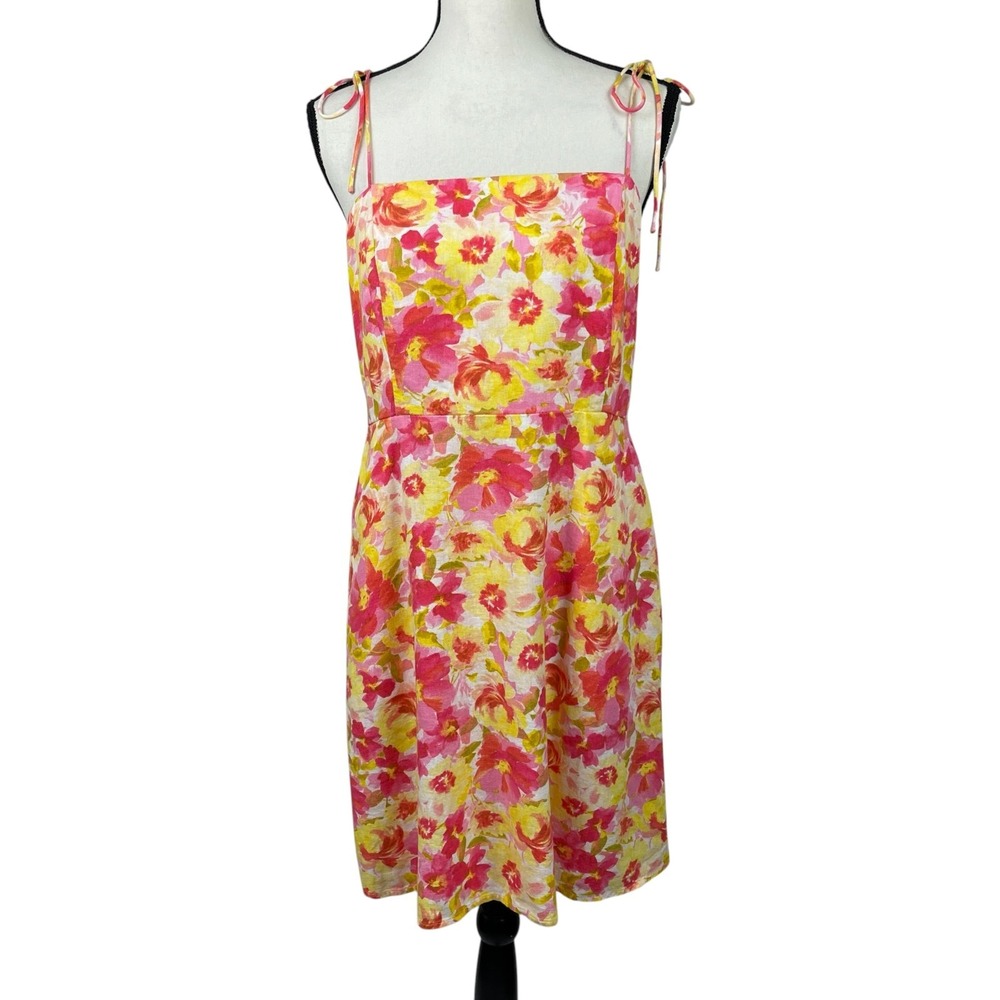 Old Navy Women's Mini Dress Large Linen Blend Pink Yellow Floral Tie Strap
